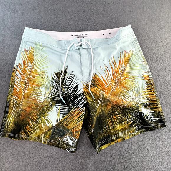 American Eagle Outfitters AEO Swim Trunks Shorts XL SEA BLUE Palms Trees‎ EUC - Picture 1 of 12